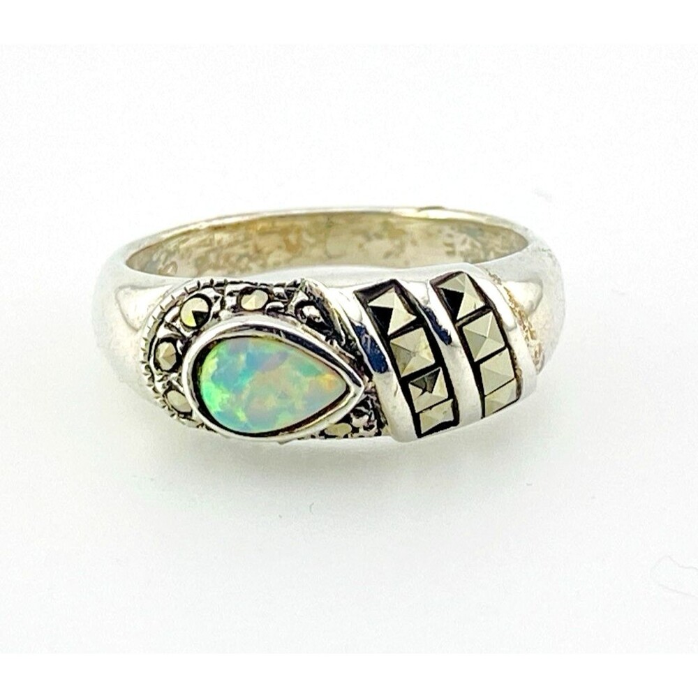 Vintage Opal Pyramid Cut Marcasite Sterling Silver Asymmetrical Ring Size 7